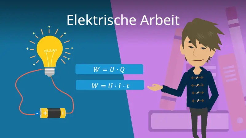 Elektrische Arbeit: Glühbirne, Batterie und Formeln für Energie (Joule). Ein Junge erklärt die Formeln.