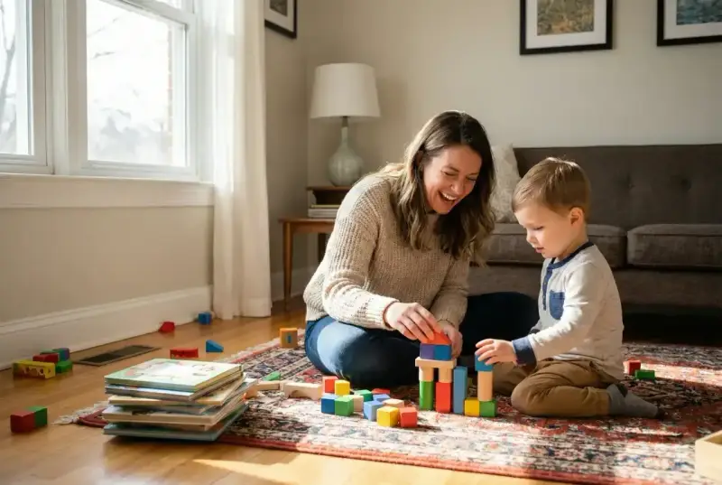 Mama i jej 5 latek budują wieżę z klocków na dywanie. Radosna zabawa w domu.
