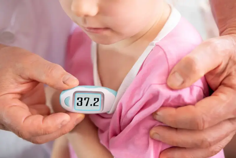 Dziecko ma 37.2°C. Czy można kąpać dziecko ze stanem podgorączkowym? Rodzic mierzy temperaturę.