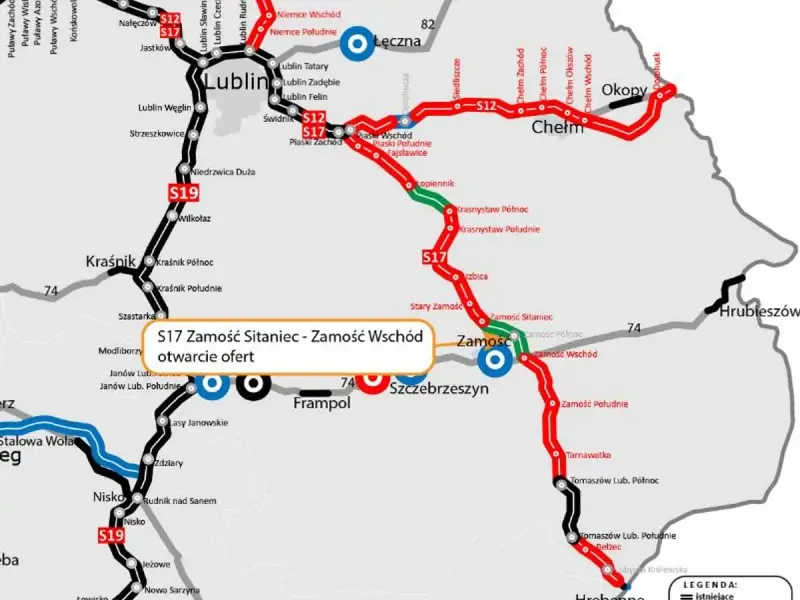 Mapa przebiegu drogi S17 od Zamościa Sitaniec do Zamościa Wschód, z zaznaczonym otwarciem ofert.
