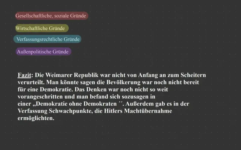 Die Weimarer Republik scheiterte an gesellschaftlichen, wirtschaftlichen, verfassungsrechtlichen und außenpolitischen Gründen. Die Bevölkerung war nicht bereit für Demokratie.
