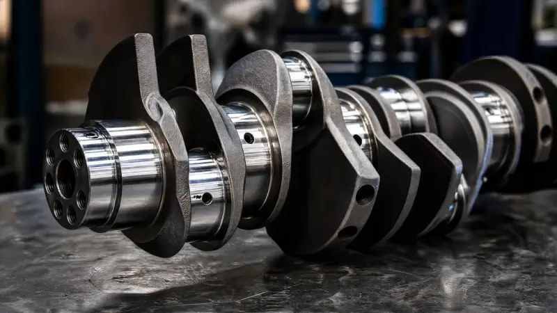 Precyzyjna budowa wału korbowego, kluczowego elementu silnika, ukazana na metalicznej powierzchni.