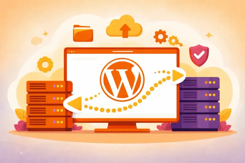 Illustration d'une migration WordPress : un écran affiche le logo WordPress, avec des serveurs et une flèche de transfert de données.