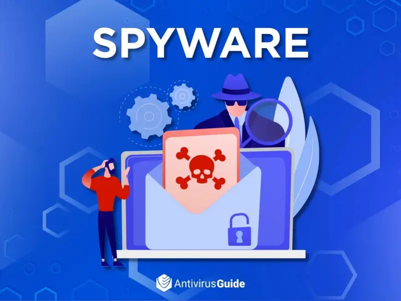 Ilustración sobre tipos de spyware: un detective con lupa investiga un sobre con calavera y candado, mientras una persona preocupada mira.