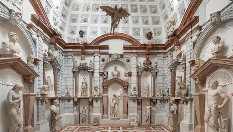 Interno del Palazzo Grimani a Venezia, un tripudio di sculture classiche e busti antichi che adornano nicchie e mensole, creando un'atmosfera di maestosa antichità.