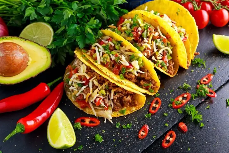 Pyszne dania meksykańskie: tacos z mielonym mięsem, serem, pomidorami i awokado, ozdobione papryczkami chili i limonką.
