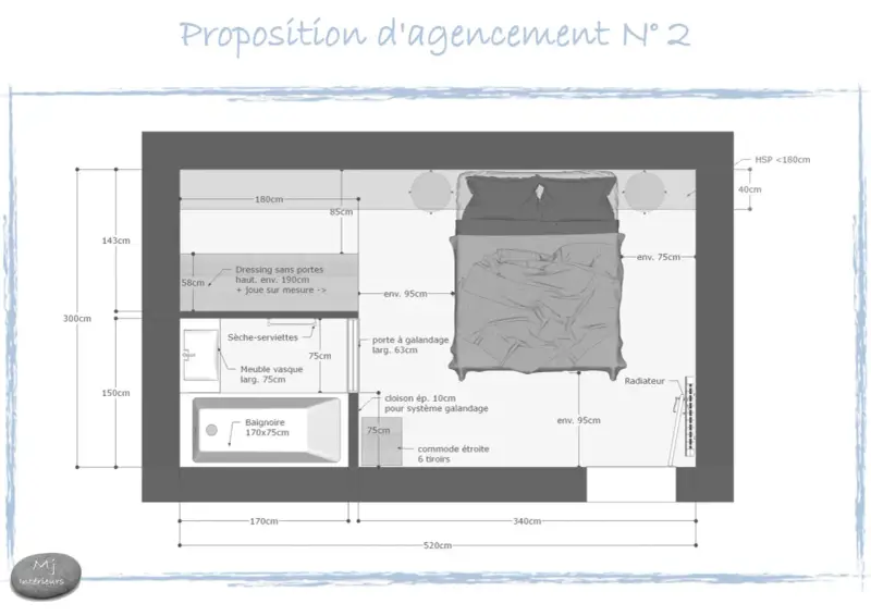 Plan d'une suite parentale de 15m2 avec dressing, salle de bain et chambre. L'agencement optimise l'espace.