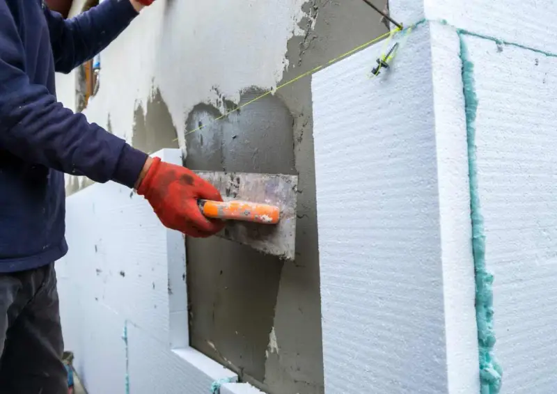 Lavoratore applica intonaco su pannelli isolanti per creare una parete a cappotto.