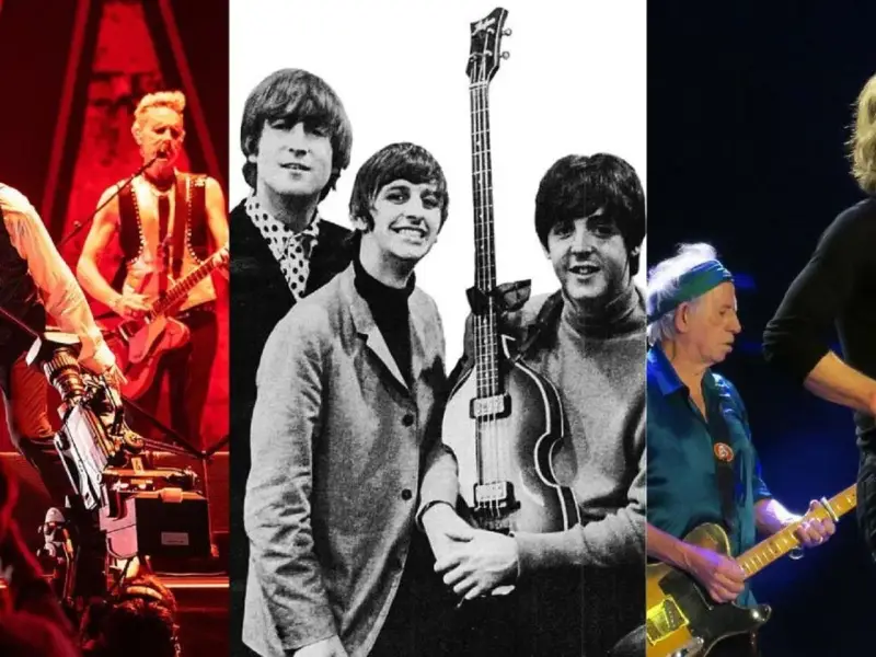 The Beatles i The Rolling Stones, dwa najpopularniejsze brytyjskie zespoły rockowe, w kolażu zdjęć.