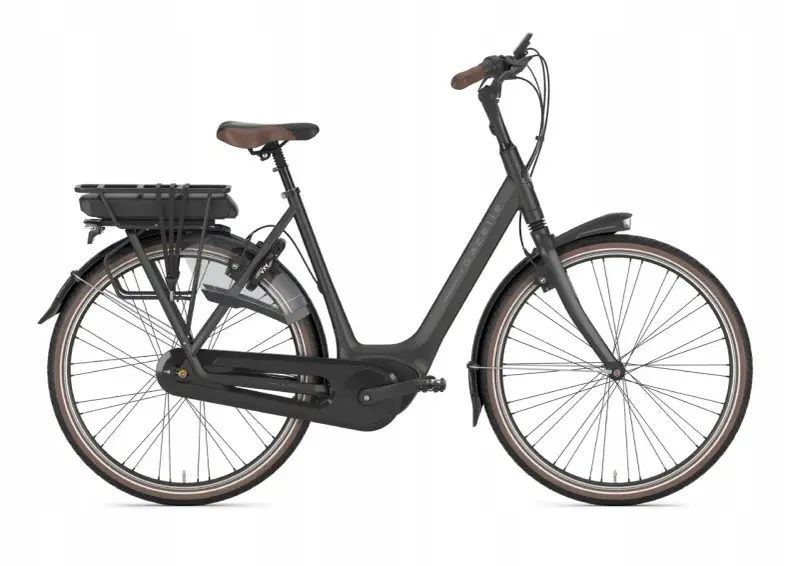 Czarny rower elektryczny Gazelle z bagażnikiem i baterią. Rozmiar ramy 53 cm, idealny dla osób o wzroście ok. 170-180 cm.