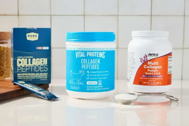Zastanawiasz się, jaki kolagen wybrać? Na zdjęciu trzy popularne produkty: Bubs Naturals, Vital Proteins i Now Foods.