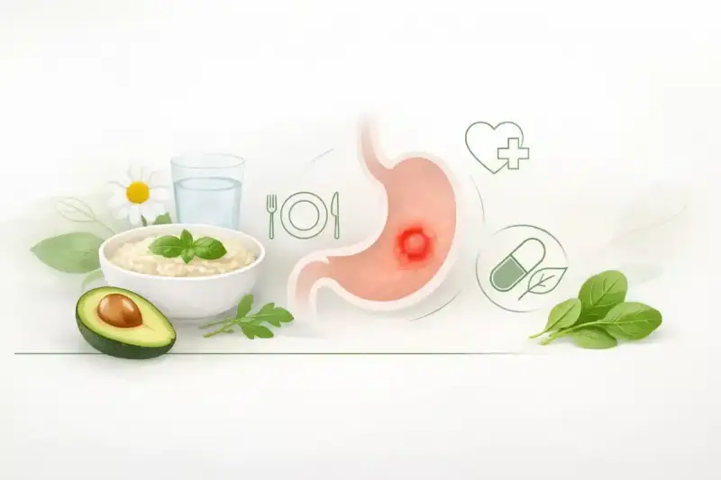 Ilustracja przedstawia żołądek z wrzodem, obok miska owsianki, awokado, szklanka wody i zioła. To symbol zdrowej diety wrzodowej.