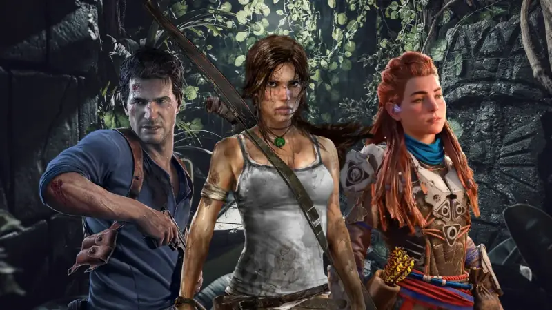 Nathan Drake, Lara Croft i Aloy - bohaterowie gier podobnych do Tomb Raider, gotowi na przygodę w dżungli.