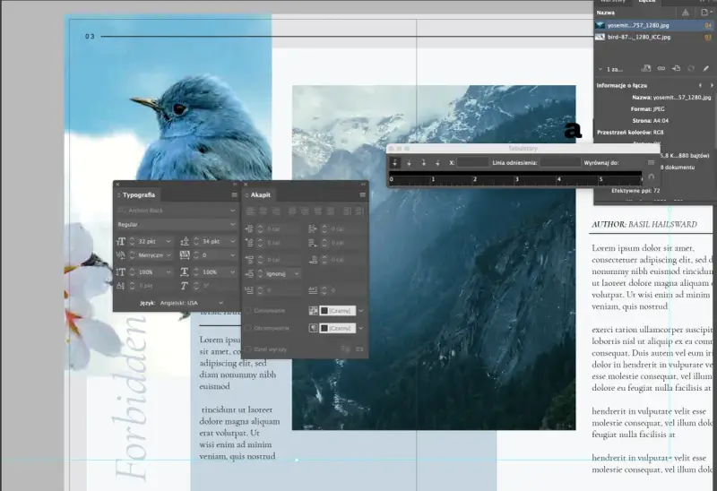 Panel "Typografia" w programie Adobe InDesign, z widocznym ptakiem i górami.