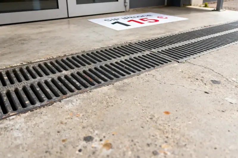 Un panneau au sol indique "Sip iPhone 115€". Un caniveau en métal longe un sol en béton. Le béton drainant prix m2 est une solution pour évacuer l'eau.