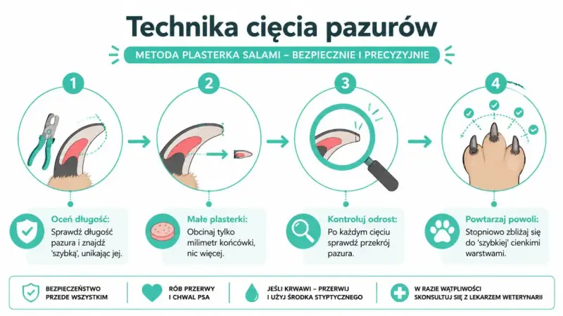 Ilustracja pokazuje, jak obciąć psu pazury metodą "plasterka salami". Krok po kroku: oceń długość, obcinaj małe fragmenty, kontroluj odrost i powtarzaj.