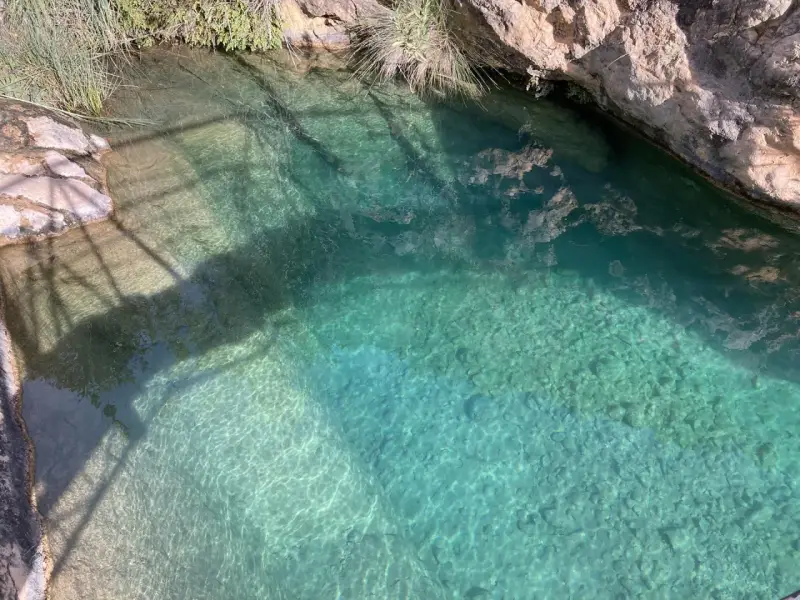 Cristalinos charcos de quesa, con rocas y vegetación en los bordes, reflejando la luz del sol.