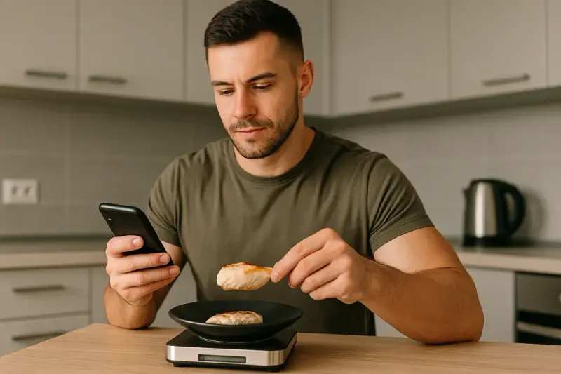 Mężczyzna sprawdza na telefonie, jak się liczy kalorie, ważąc kawałek kurczaka na kuchennej wadze.