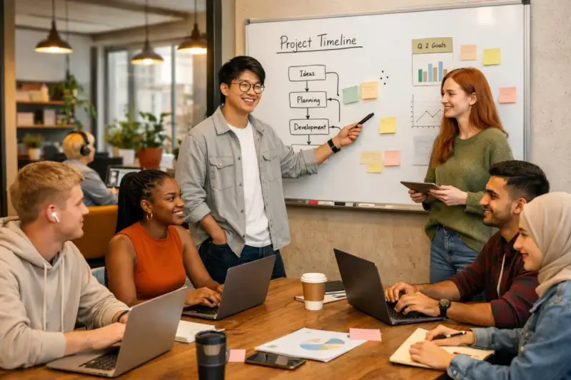 Ein junges, diverses Team plant eine Projekt-Timeline. Der Sprecher erklärt die Phasen Ideen, Planung und Entwicklung. Die Gen Z arbeitet engagiert an Laptops.