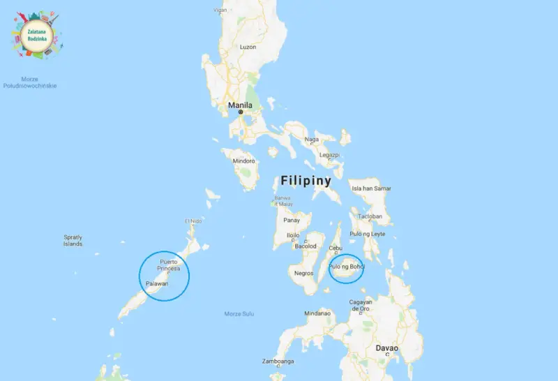 Mapa pokazuje, gdzie leżą Filipiny, z zaznaczonymi miastami jak Manila, Cebu i Palawan.