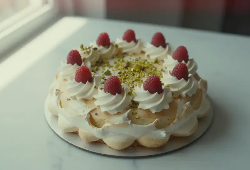 Wykwintny tort pistacjowo malinowy, ozdobiony bitą śmietaną, malinami i posypką z pistacji.