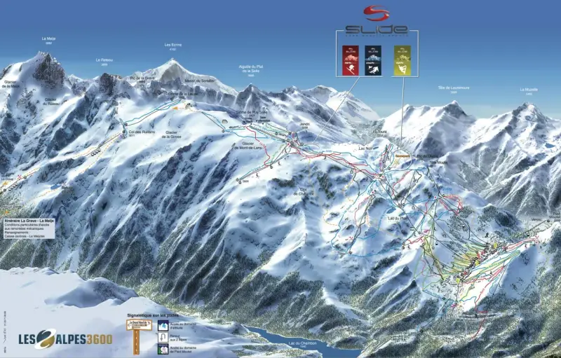 Mapa narciarska Les Deux Alpes z zaznaczonymi trasami, wyciągami i szczytami. Widok górski z lodowcami i jeziorami.