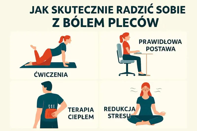 Grafika pokazuje cztery sposoby na ból pleców: ćwiczenia, prawidłowa postawa przy biurku, terapia ciepłem i redukcja stresu.