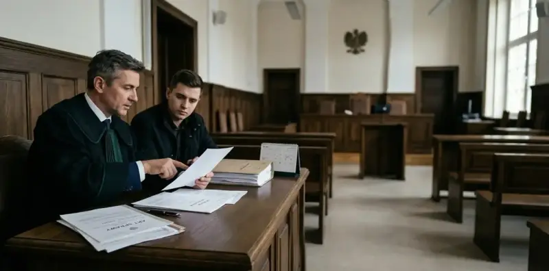 Prawnik w todze omawia dokumenty z klientem w sali sądowej. Czy do apelacji potrzebny jest adwokat? Tak, często jest niezbędny.
