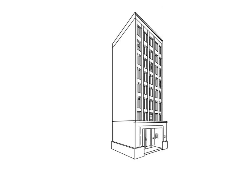 Un dessin noir et blanc facile d'un immeuble moderne avec de nombreuses fenêtres. L'entrée est visible avec des portes vitrées.