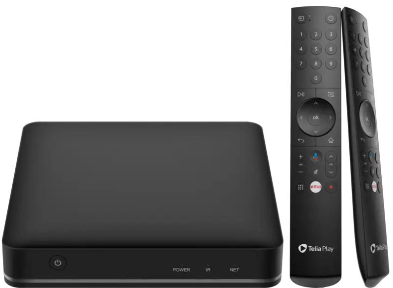 Svart mediaspelare och två fjärrkontroller. Enkel att koppla mobil till TV HDMI för streaming.