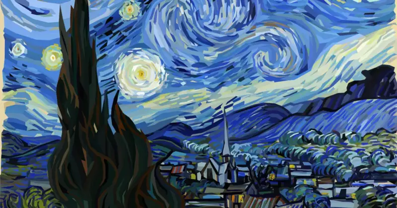 Gwiazda nocna Van Gogha, jeden z jego najsłynniejszych obrazów, ukazuje wirujące niebo nad spokojną wioską.