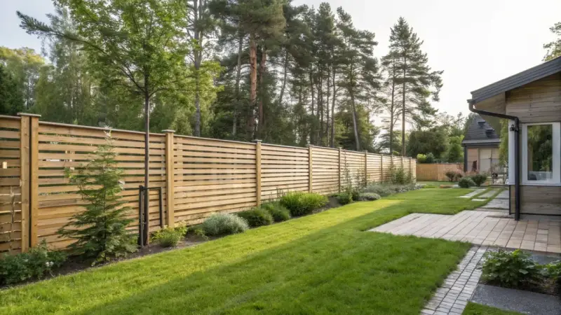 En vacker trädgård med en modern träribbstaket som ramar in gräsmattan och buskar.