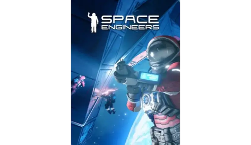 Astronauci w skafandrach budują stację kosmiczną w grze Space Engineers.