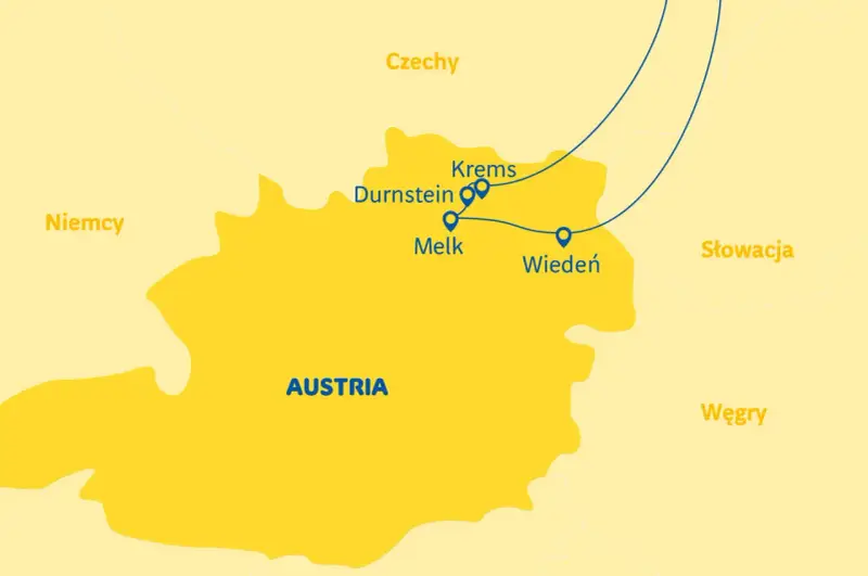 Mapa Austrii z zaznaczonymi miastami: Wiedeń, Melk, Durnstein, Krems. Planujesz podróż? Sprawdź, co zobaczyć w Dolinie Wachau!