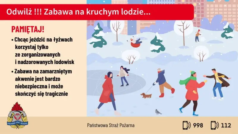 Zimowa zabawa na kruchym lodzie jest niebezpieczna. Czy łódź jest bezpiecznym miastem? Tylko zorganizowane lodowiska gwarantują bezpieczeństwo.