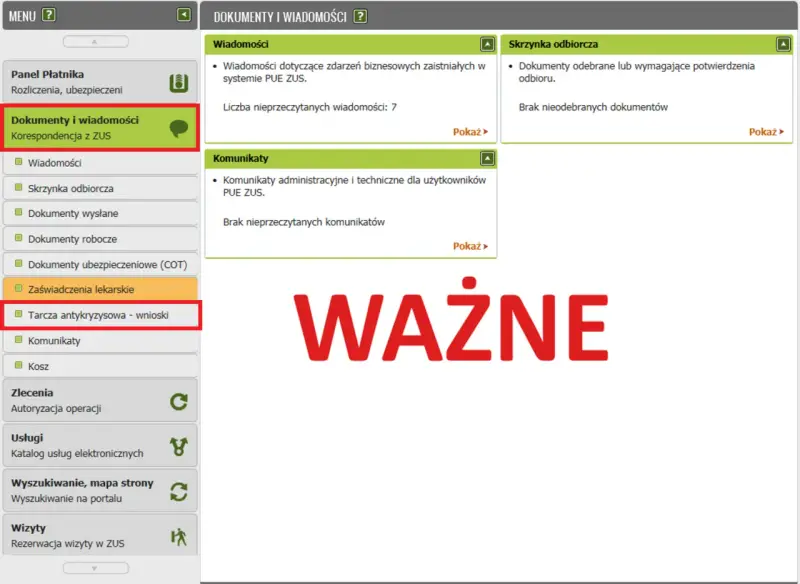 Panel Płatnika, zakładka "Dokumenty i wiadomości", sekcja "Tarcza antykryzysowa - wnioski". Możliwość złożenia wniosku o zwolnienie z ZUS.
