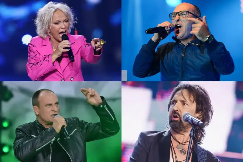 Kobieta w różowej marynarce, mężczyzna w okularach, w czarnej kurtce i z brodą – ikony polskie zespoły lat 2000. na scenie.