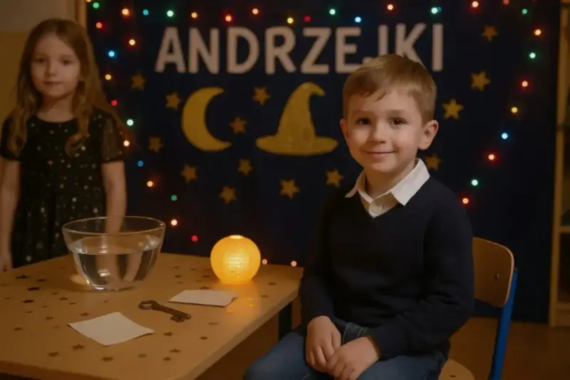 Chłopiec w sweterku i dziewczynka w sukience z gwiazdkami czekają na wróżby. Idealny strój na andrzejki to coś magicznego!