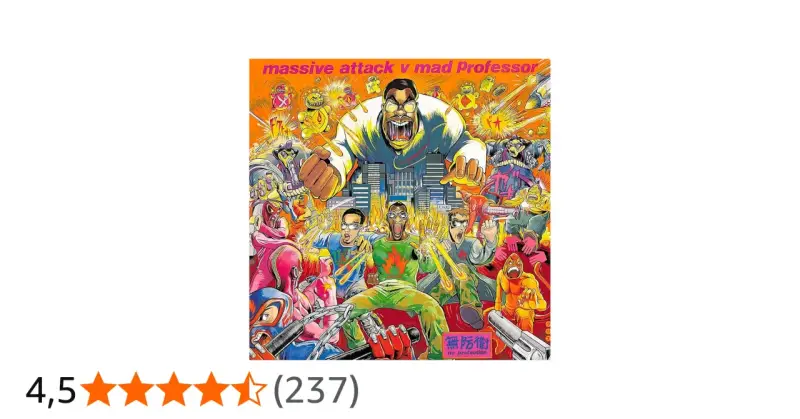 Pochette de l'album Massive Attack v Mad Professor, "No Protection", avec des personnages colorés et explosifs.