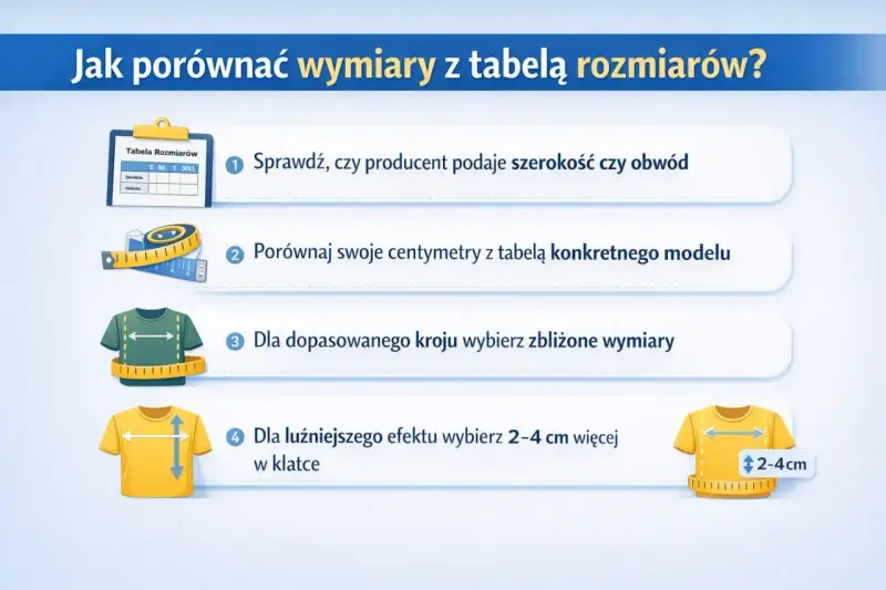 Jak się mierzy koszulę? Porównaj swoje centymetry z tabelą rozmiarów. Dla luźniejszego efektu dodaj 2-4 cm w klatce.