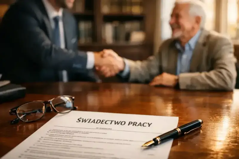 Uścisk dłoni na zakończenie formalności. Na stole świadectwo pracy, okulary i pióro. To symboliczna odprawa emerytalna.
