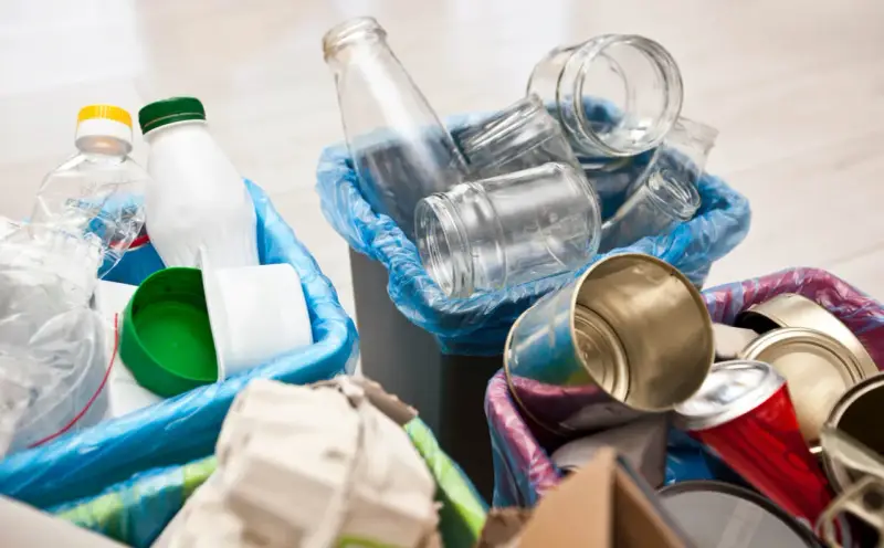 Segregacja odpadów: szklane słoiki, plastikowe butelki i puszki czekają na wywóz śmieci.