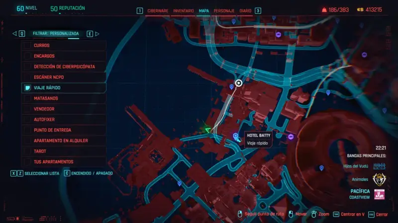 Mapa de Night City con el menú de "Viaje Rápido" abierto, listo para desbloquear trofeos de Cyberpunk 2077.