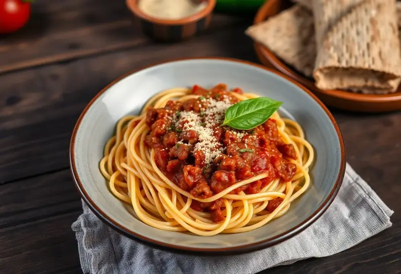 Pyszne spaghetti bolognese, przygotowane według oryginalnego przepisu, z bogatym sosem mięsnym i listkiem bazylii.