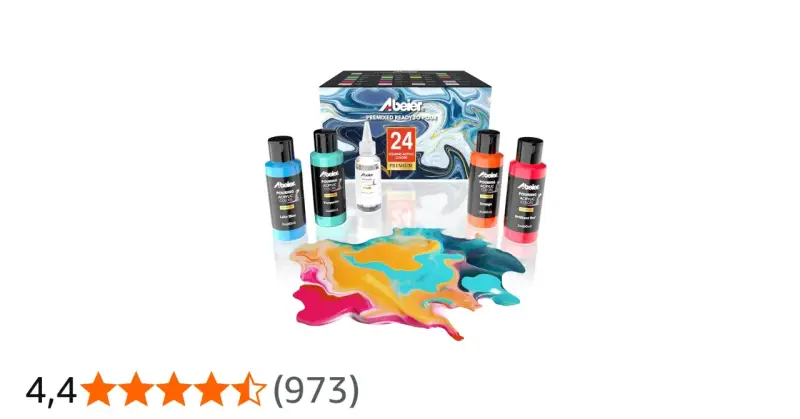 Kit de peinture acrylique "pouring medium c'est quoi" : 5 flacons de couleurs vives et une fiole de silicone, avec une œuvre d'art fluide créée.