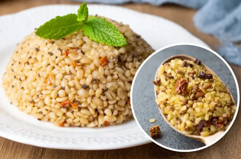 Kasza bulgur na talerzu, ozdobiona miętą. W zbliżeniu łyżka pełna kaszy z dodatkami. Odkryj jej zdrowe właściwości!
