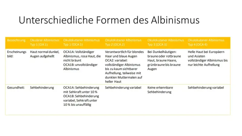 Tabelle zeigt verschiedene Formen von Albinismus bei Menschen, von vollständigem bis zu leichter Aufhellung, mit Auswirkungen auf Haut, Haar und Augen.