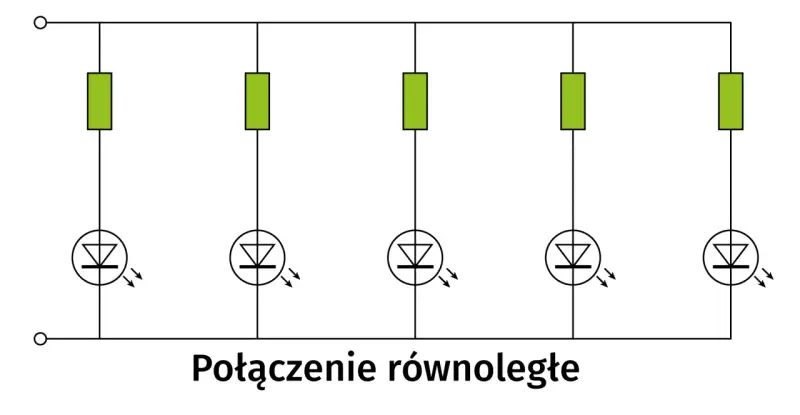 Schemat połączenia równoległego pięciu diod LED, z których każda ma swój rezystor ograniczający prąd.