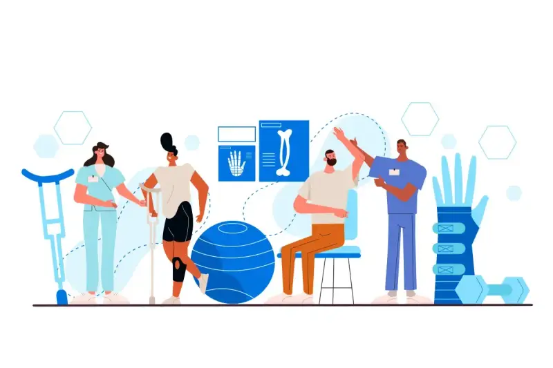 Menschen in einer Physiotherapie-Umgebung: Eine Patientin mit Krücken, ein Mann mit Armübung und ein Physiotherapeut, der hilft.