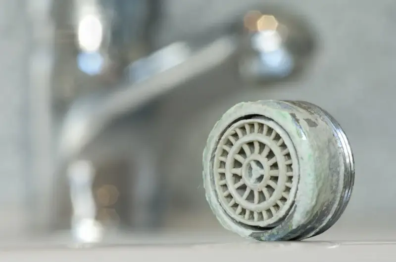 Zwapniony aerator kranu, który pokazuje, jak wyjąć sitko z kranu.
